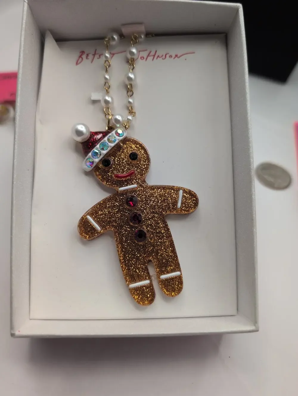 Betsey Johnson Gingerbread Man Santa Hat Pearl Rhinestone Pendant Necklace NWT